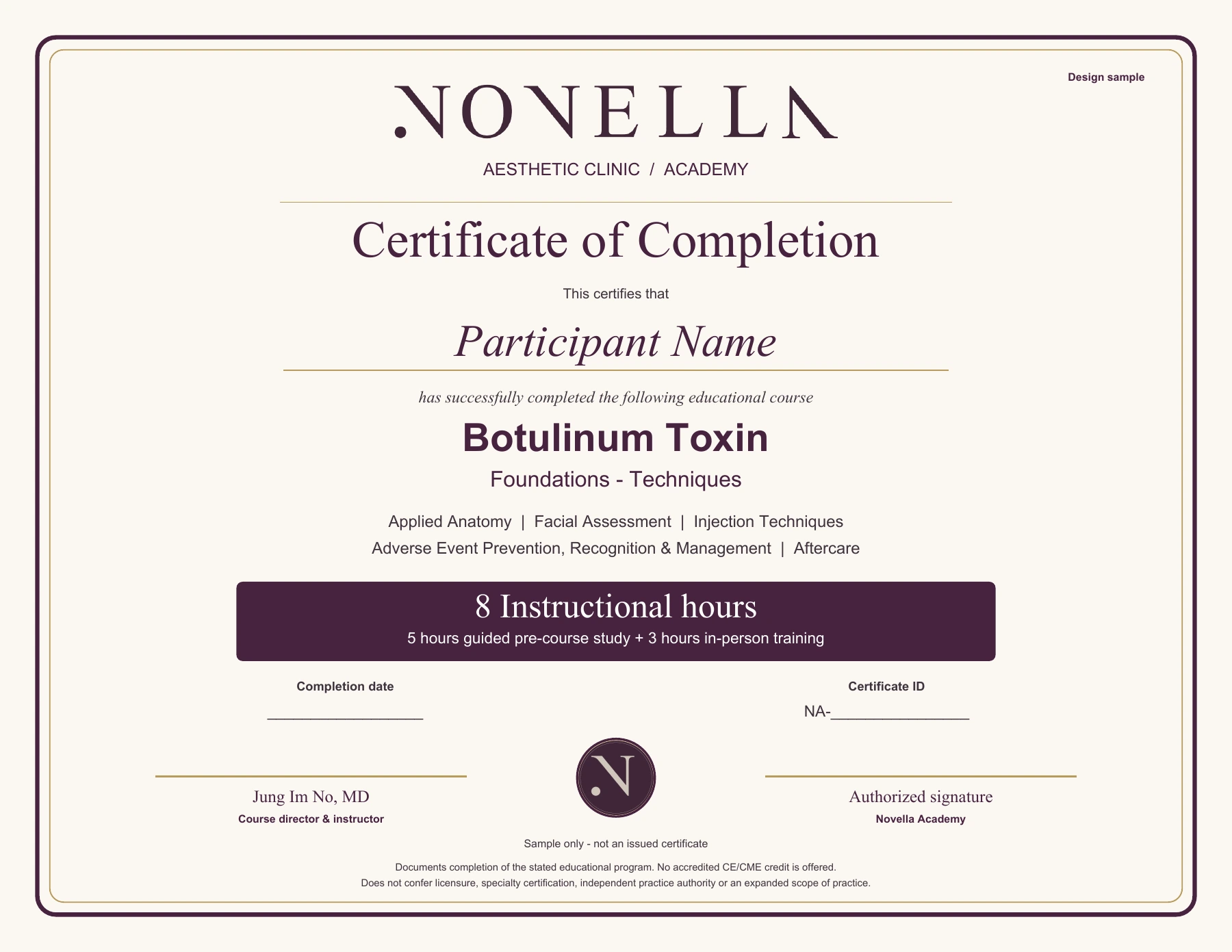 Sample Novella Academy Certificate of Completion for Botulinum Toxin Foundations and Techniques, showing eight instructional hours and course topics