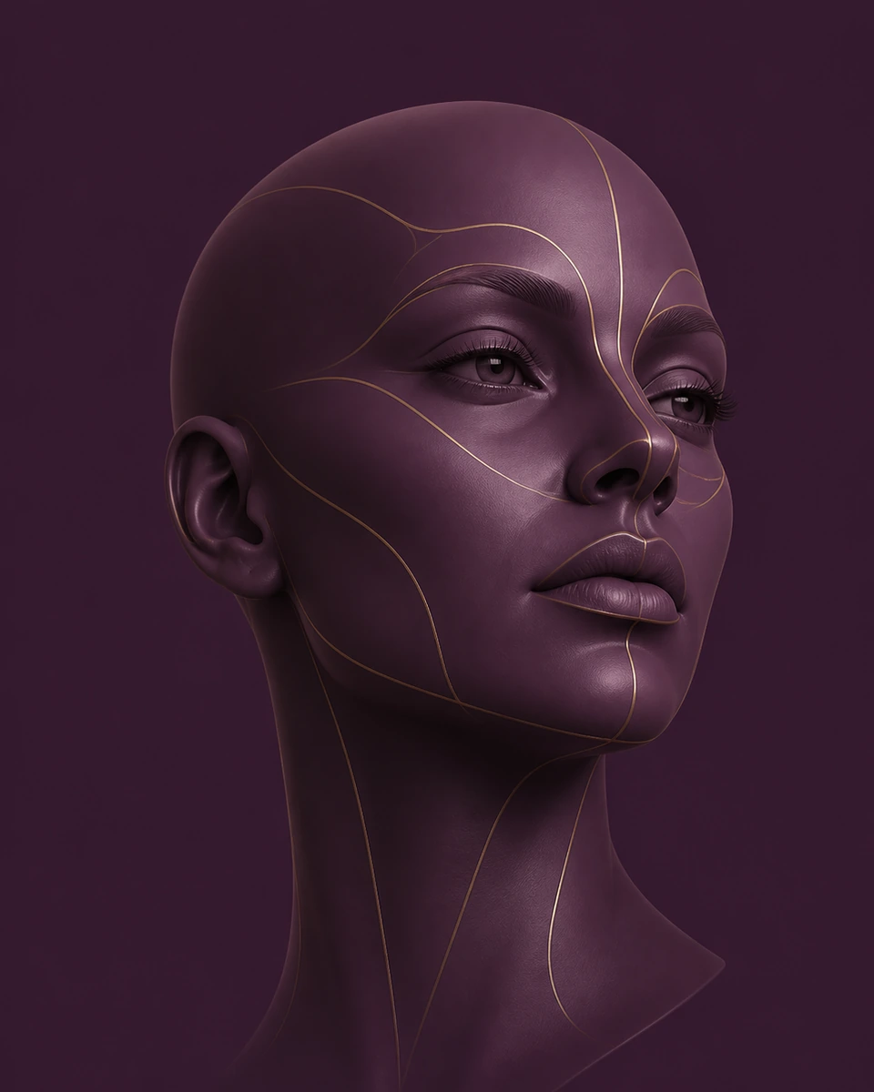 Three-quarter facial model with gold balance lines